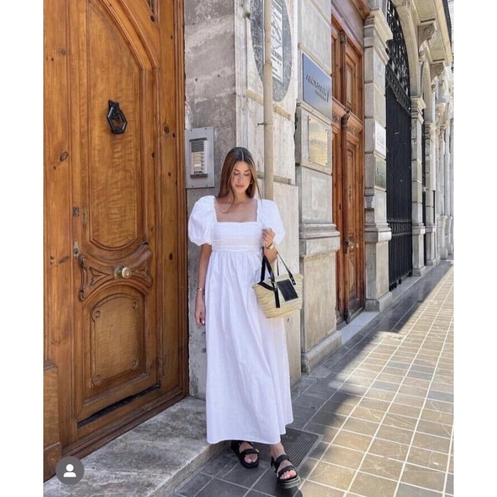 New Zara Draped Poplin Puff Sleeve Dress White 7385/399 Summer Cotton Maxi